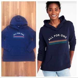Navy blue “All For One” rainbow stripe hoodie S